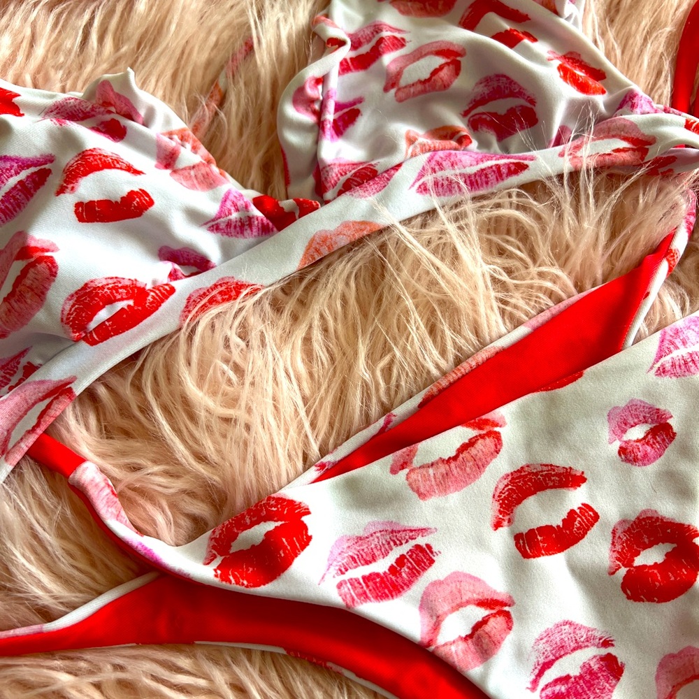 Lolli White Bikini with Red and Pink Lip Print